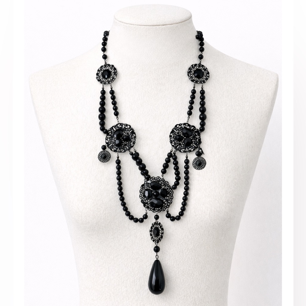 Gothic Black Filigree Beaded Statement Necklace Layered Drop Pendant